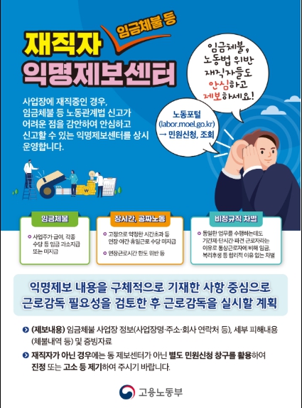 고용노동부, "숨어있는 체불"과 "공짜노동" 근절을 위한 재직자 익명제보 근로감독 착수